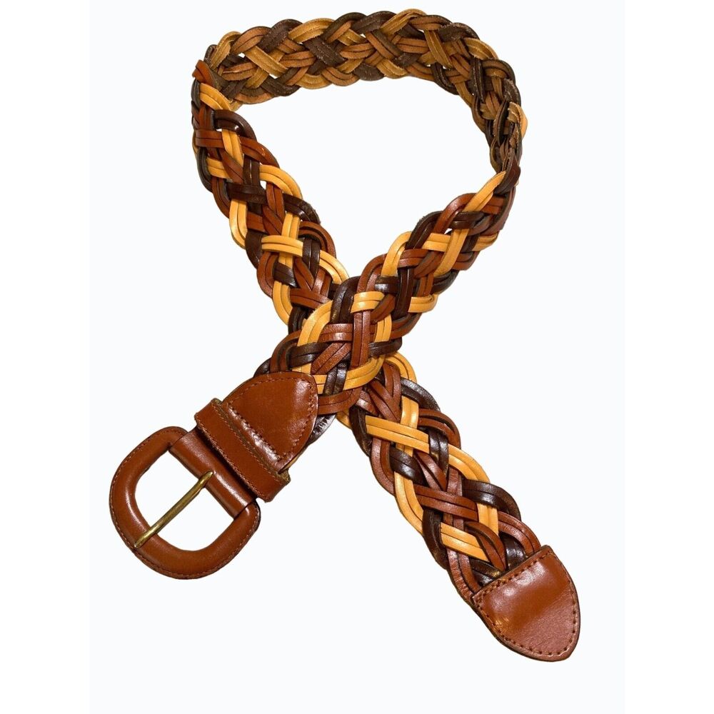 Vintage Tri Color Leather Woven Belt Browns Tan Women Size M Y2K 90s Boho